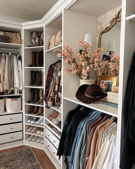 Ikea pax wardrobe dream closet organization Cowboy Boot Storage Ideas Closet, Cowboy Boot Organization, Closet Hat Organization, Boot Storage Closet, Cowboy Boot Storage, Dream Closet Organization, Closet Spaces, Organized House, Coastal Cowgirl Aesthetic