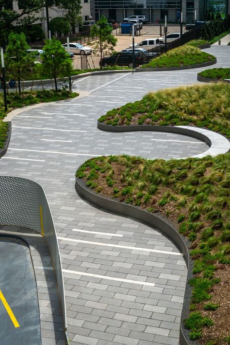 Curvilinear Pedestrian Path - Pedestrian Plaza in Downtown OKC | Photographer: Steve Ancik, lightwavesimages | Prime Landscape Architect: HFSD, Inc. --- #LandscapeArchitecture #urbandesign #pavingpattern #curvilinear #pedestrian #pedestrianplaza #curvydesign #landscapedesign #OklahomaCity #HFSD #landscaping #businessdistrict #visitOKC #landscapearchitect #DowntownOKC #HFSDinc #organicdesign #Project180 Pedestrian Path Design, Pedestrian Walkway Design, Curvilinear Landscape Design, Pedestrian Plaza, Landscape Plaza, Skatepark Design, Downtown Okc, Plaza Design, Dumaguete