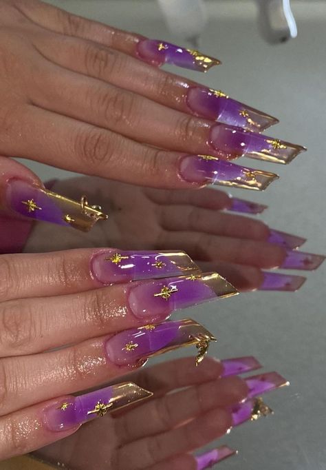 Nail Art Designs Purple And Gold, Purple Glitter French Tips, Purple Acrylic Nails Coffin, Gold And Purple Nails, Purple Gold Nails, Purple And Gold Nails, Gold Nail Designs, Hot Pink Nails, Pink Nail Designs