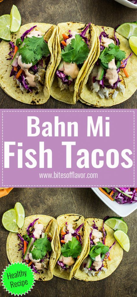 Banh Mi Fish Tacos are a delicious twist on the classic Vietnamese sandwich. Pan grilled tilapia topped with homemade Asian slaw and spicy aioli wrapped in a corn tortilla. Weight Watchers friendly recipe. www.bitesofflavor.com Asian Fish Tacos, Crispy Cod, Lighter Recipes, Grilled Tilapia, Vietnamese Sandwich, Spicy Aioli, Taco Pie, Asian Slaw, Corn Tortilla