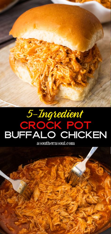 5-Ingredient Crock Pot Buffalo Chicken Slow Cooker Buffalo Chicken Sandwiches, Chicken Crockpot Recipes Sandwich, Crockpot Meal For Party, Crockpot Meals For Football Games, Buffalo Chicken Salad Crockpot, 5 Ingredient Crockpot Chicken, Crock Pot Chicken Sliders, Crock Pot Chicken Sandwich Recipes, Buffalo Chicken Crock Pot Sandwiches