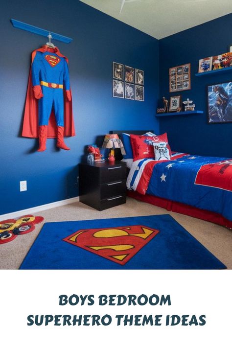 Boys Bedroom Superhero Theme Ideas Spiderman Theme Room, Superhero Room Boys, Spiderman Bedroom Ideas, Marvel Boys Room, Batman Bedding, Batman Bed, Boys Space Bedroom, Spiderman Wall Art, Spiderman Bedroom