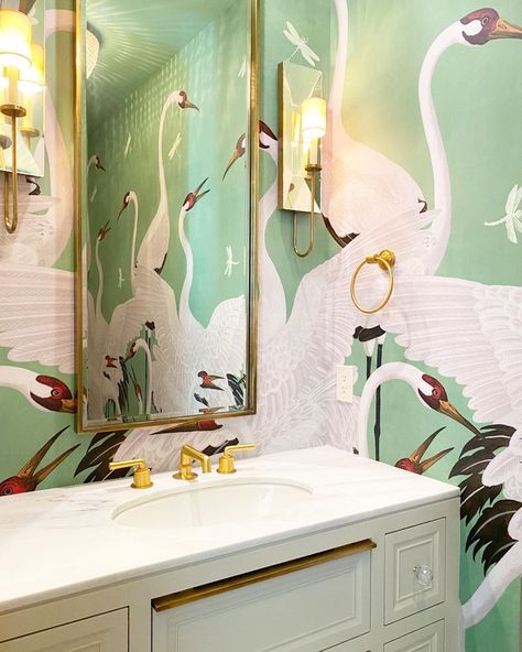 Hammond Wallpaper & Paint’s Instagram profile post: “It’s all @gucci. For real, this wallpaper is #gucci. Thanks, @alicelaneinteriors for trusting us with these cranes ✨ #wallpaperwednesday…” Luxe Bathroom, Wallpaper Paint, Flamingo Wallpaper, Powder Room Makeover, Powder Room Design, Bird Wallpaper, Bathroom Redo, Interior Designing, Bathroom Wallpaper