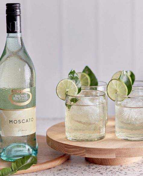 Moscato Spritz | Toast Serving Glasses, Elderflower Cordial, Wine Recommendations, Moscato, Coconut Water, Mocktails, Cocktail Recipes, Party Food, Party Planning