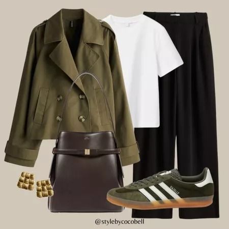 Stylebycocobell on LTK Olive Sneakers Outfit, Short Coat Outfit, Olive Trench Coat, Olive Clothing, Casual Luxe, Short Trench Coat, Winter Fashion Outfits Casual, Future Outfit, Outfit Inspiration Fall