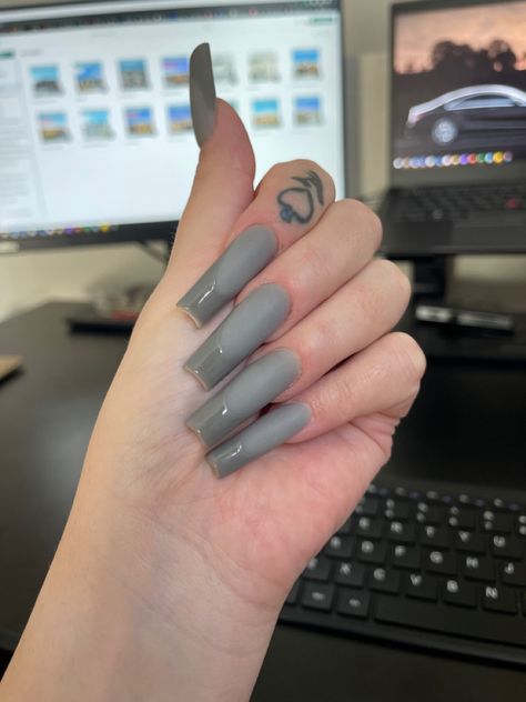 Matte Grey French Tip Nails, Grey French Tip Nail Designs, Grey French Tip Acrylic Nails, French Grey Nails, Matte With Gloss Tip Nails, Matte And Glossy French Nails, Matte Glossy French Tip, Gray French Nails, Grey Square Nails