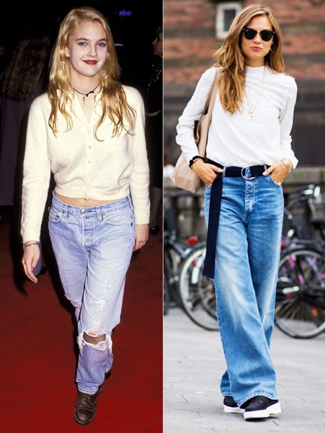 Drew Barrymore pioneered the baggy jean trend back in 1991 and now it has made its way back onto the street style scene with modern twists 1990s Fashion Trends, 1990 Style, Outfit Ideas Male, Dresses By Style, Winter 2024 Fashion, Dress Sketch, Looks Jeans, 2000s Fashion Trends, Casual Attire For Women