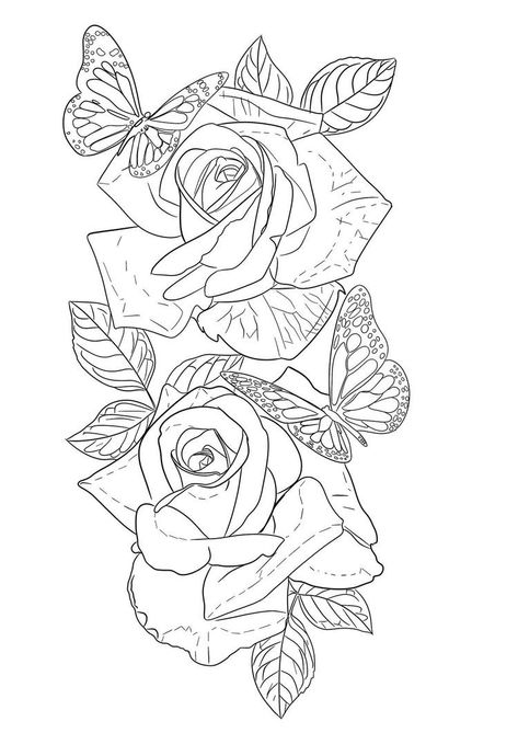 Female Side Tattoo Ideas, Roses Butterfly Tattoo Design, Roses And Butterfly Tattoo Stencil, Butterfly Rose Tattoo Stencil, Rose Butterfly Tattoo Design, Outline Rose Tattoo, Rose With Butterfly Tattoo, Rose Tattoo Stencil Outline, Rose And Butterfly Tattoo Design