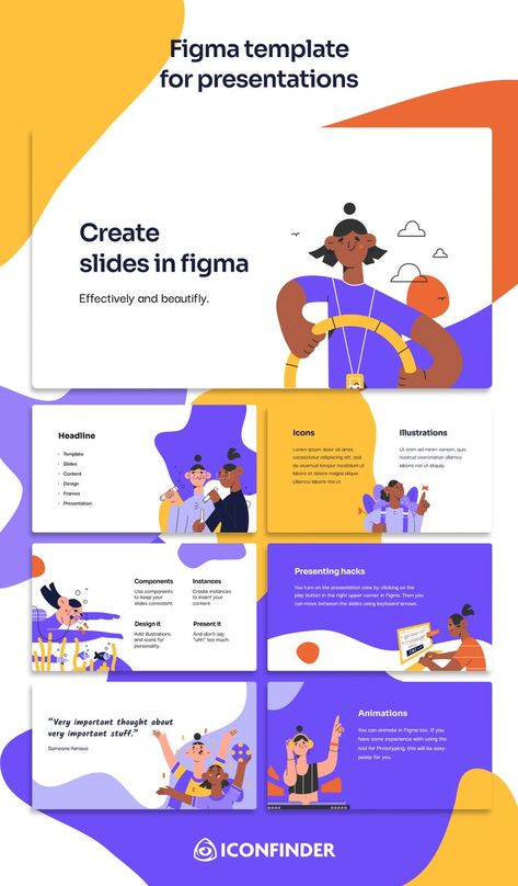 Template for presentation slides with bright purple and yellow colors and cheerful illustrations portraying women. Figma Presentation Slides, Illustration Presentation Design, Figma Presentation Template, Figma Presentation Design, Presentation For School, Slide Deck Design, File Illustration, Presentation Deck, Slide Deck