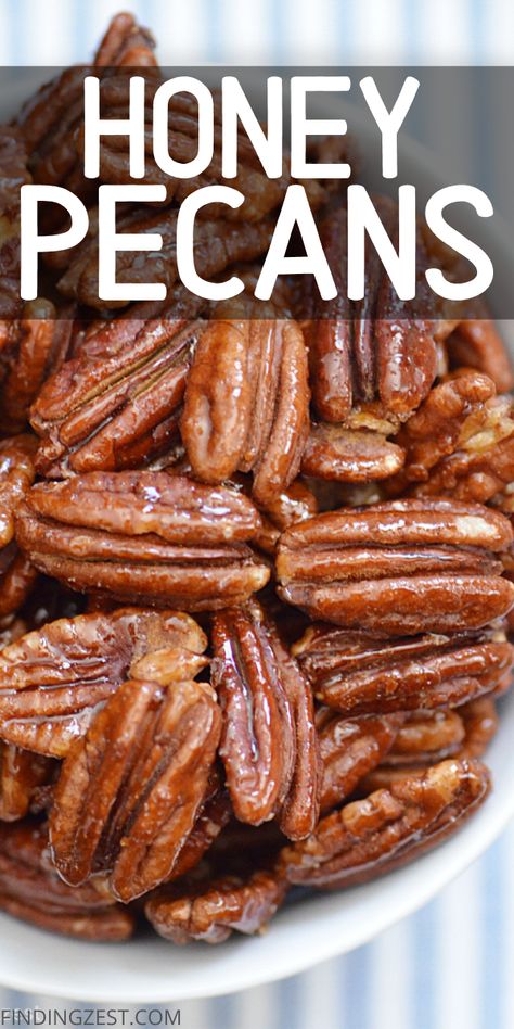 Hey pecan lovers! Give these Honey Roasted Pecans a try next time you are craving a sweet and salty snack. Easy to prepare in the oven, these roasted pecans are hard to resist. Honey Toasted Pecans, Candied Pecans Buccees, Carmelized Pecans Oven, Honey Roasted Pecans Recipe, Butter Toffee Pecans Recipe, Carmelized Pecans, Pecan Toffee Recipe, Honey Pecans, Roasted Pecans Recipe