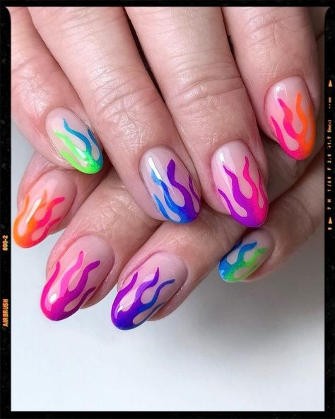 Almond Nails - Flame Nails - Summer Nails Rainbow Fire Nails, Trippy Short Nails, Bonfire Nail Designs, Rainbow Flame Nails, Short Fire Nails, Fire Nails Acrylic, Fire Nails Short, Nail Flames, Pink Fire Nails