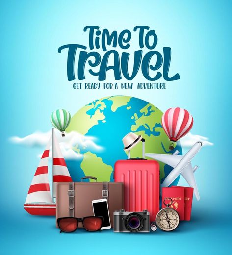 Time to travel the world vector design. Travel and explore the world in different countries and destinations with traveling elements like bags and transportation. Traveling Poster Design, Jiji Background, Travel Banner Design, Happy Birthday Husband Quotes, Travel Advertising Design, Tourism Design, Insurance Ads, India Holidays, Happy Birthday Husband