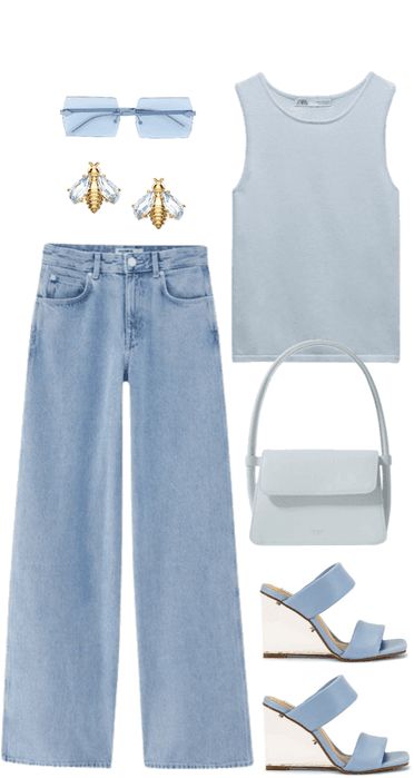 Sky Blue Heels Outfit, Light Blue Outfits Aesthetic, Light Blue Outfit Summer, Blue Outfit Moodboard, Light Blue Bag Outfit Ideas, Light Blue Top Outfit Aesthetic, Sky Blue Tshirt Outfit, Trendy Light Blue Shirt For Day Out, Light Blue Bag Outfit Summer