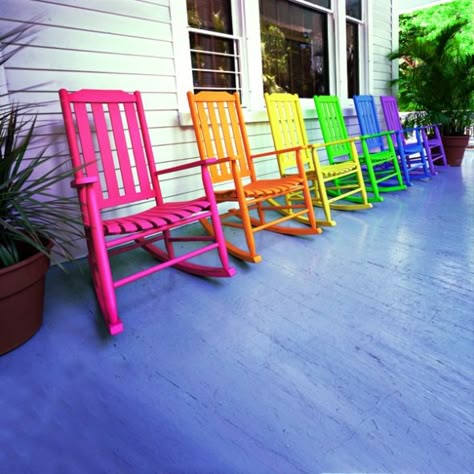 colorful porch Rainbow Chairs, Sitting On The Porch, Deco Surf, Rocking Chairs, The Porch, Coastal Cottage, Florida Keys, World Of Color, Beach Cottages