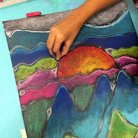 chalk pastel landscape  |  small hands big art Black Glue Art Projects, Glue Art Projects, Landscape Art For Kids, Black Glue Art, Landscape Art Lessons, Childrens Art Studio, Chalk Pastel Art, Glue Art, 2nd Grade Art