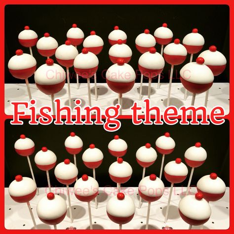 Fishing bobber cake pops Fishing Bobber Cake Pops, Fishing Bobber Cake, Bobber Cake Pops, Bobber Cake, Fishing Baby Shower Theme, Fishing Theme Birthday, Boy Shower Themes, Baby Shower Fishing, Fishing Baby