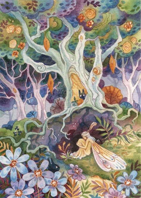 A painting of a Sad Fairy in a magical forest. Forest Watercolor, Different Forms Of Art, Fairy Forest, Magic Forest, Tarot Art, Forest Fairy, Watercolor Bird, In The Forest, Art Tips