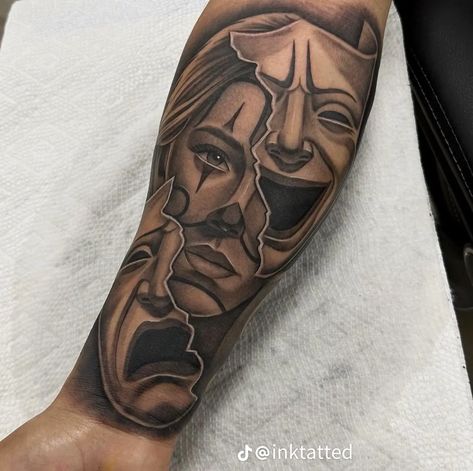 Tattoo On The Forearm Men, Chicano Forearm Tattoo, Girlfriend Tattoos For Men, Drama Face Tattoo, Men’s Half Sleeve Tattoo Forearm, Low Rider Tattoo, Clown Tattoo Ideas, Arm Tattoo Inspiration, Neotrad Tattoos