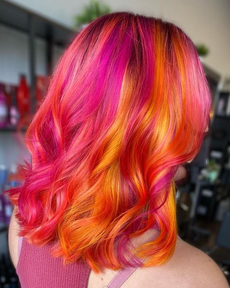 Yellow Vivid Hair, Yellow Hair Ideas, Pink And Yellow Hair, Pink Hair Tips, Pink And Orange Hair, Vivid Hair, Orange Highlights, Vivid Hair Color, Hair Patterns