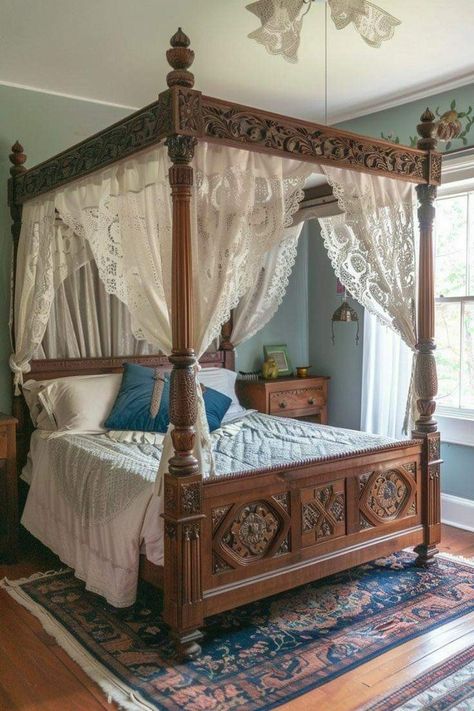 French Canopy Bed, House Theater, Canopy Bedroom Sets, Wooden Canopy Bed, Canopy Bed Ideas, Bedroom 2023, Wood Canopy Bed, Victorian Bed, Canopy Bed Frame