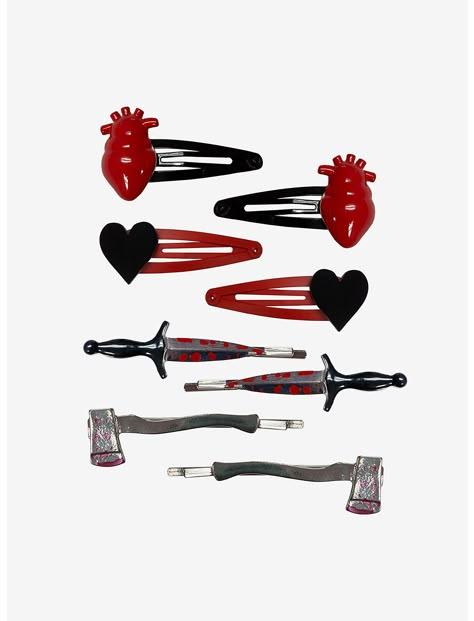 Bloody Weapons & Heart Hair Clip Set Unique Hair Accessories, Hair Techniques, Emo Hair, Red And Silver, Heart Hair, Happy Mom, Alternative Outfits, Pastel Goth, Character Costumes