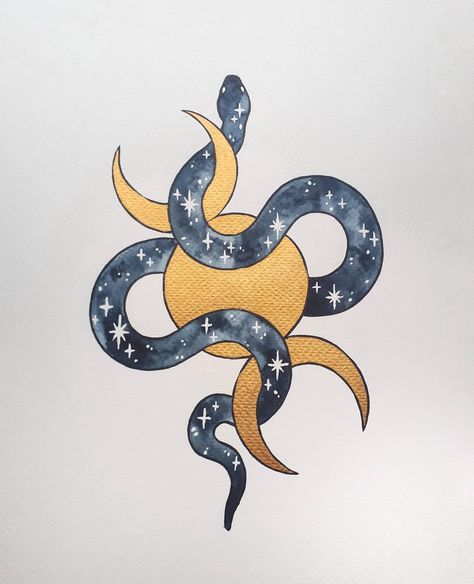 Queer Tattoos, Kundalini Tattoo, Snake Doodle, Moon Priestess, Moon Eyes, Serpent Tattoo, Moon Energy, Snake Drawing, Golden Snake