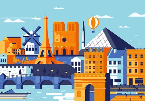 Paris Landmarks Illustration, Flat Illustration City, Corporate Memphis, Hello City, Landmark Illustration, Buildings Illustration, Tourism Background, City Composition, Paris Walking Tour