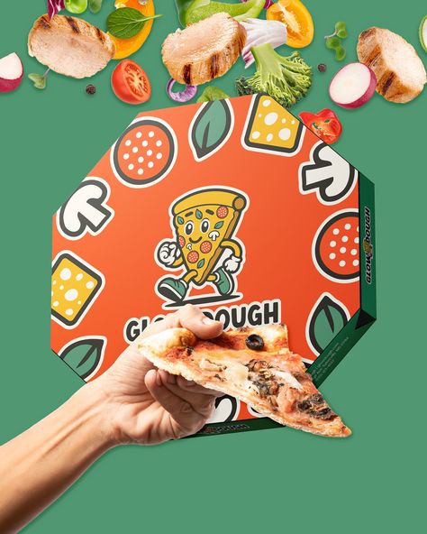 Glow Dough pizza branding (part 2/3) From dynamic billboards to inviting posters and innovative pizza box packaging, each design element weaves together a story that’s as unique as the pizzeria itself. Notice the playful use of graphic elements — mushrooms, basil, and pepperoni — each chosen for their visual appeal and relevance to pizza making, enhancing the food brand identity. These icons not only decorate but also communicate Glow Dough’s commitment to fresh, flavorful ingredients. W... Pizza Box Graphic Design, Pizza Box Packaging, Food Brand Identity, Dough Pizza, Pizza Branding, Pizza Making, Pizza Boxes, Pizza Box, Graphic Elements