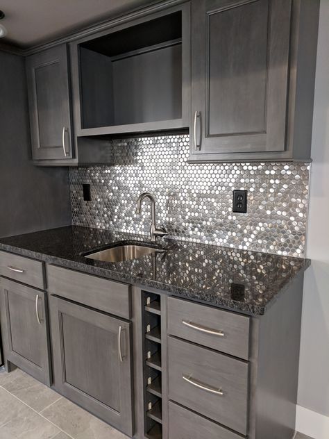 Glitter Backsplash Kitchen, Salon Backsplash Ideas, Mosaic Kitchen Tiles Backsplash Ideas, Sparkly Backsplash, Mirror Tile Bar Backsplash, Penny Round Backsplash Kitchen, Grey Mosaic Backsplash Kitchen, Steel Kitchen Backsplash, Bar Backsplash Ideas