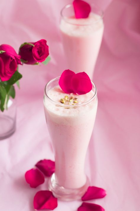 Rose Lassi - Rose syrup takes the humble lassi to a new level.  #Summer #drink #lassi #IndianFood Rose Lassi, Rooh Afza, Rose Syrup, Indian Drinks, Lassi Recipes, Breakfast Juice, Iftar Party, Fresh Juices, Blueberry Tart