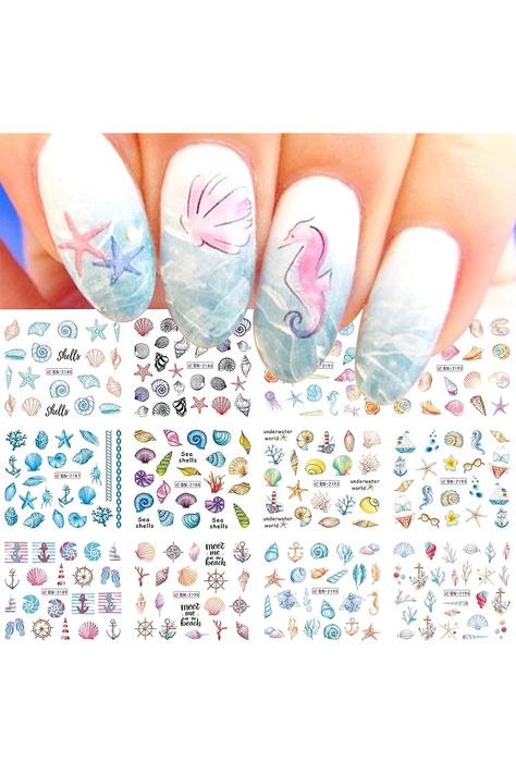 MAIOUSU STORE 12 Sheets Ocean Water Transfer Nail Decals Sea Shell Starfish Sea Summer Nail Decals Watermark Nail Designs Manicure Stickers Nail Art Accessories(16) Water Nail Art, Christmas Nail Stickers, Water Nails, Watermark Design, Cute Christmas Nails, Nail Art Designs Diy, Designs Nail, Diy Nail Designs, Nail Patterns