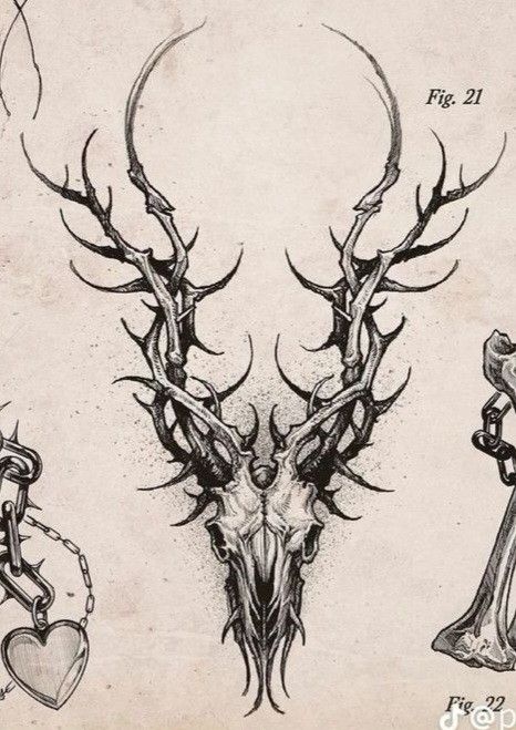 Hawkhatesyou Tattoos, Haunting Tattoos Beautiful, Creepy Neck Tattoos, Deer Skull Back Tattoo, Saltburn Tattoo Ideas, Soft Goth Tattoo, Bone Back Tattoo, Deer Horns Tattoo, Creepy Tattoo Stencil