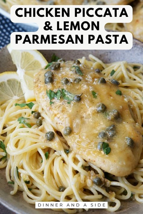 Elevate your dinner game with this Chicken Piccata with Lemon Parmesan Pasta recipe. Tender, golden-brown chicken breasts are smothered in a tangy lemon-caper sauce and served atop a bed of rich, creamy pasta. Chicken Piccata With Pasta, Sides For Chicken Piccata, Picatta Pasta, Lemon Caper Pasta, Couple Meals, Chicken Piccata With Lemon Sauce, Chicken Piccata Easy, Lemon Caper Chicken, Lemon Parmesan Pasta