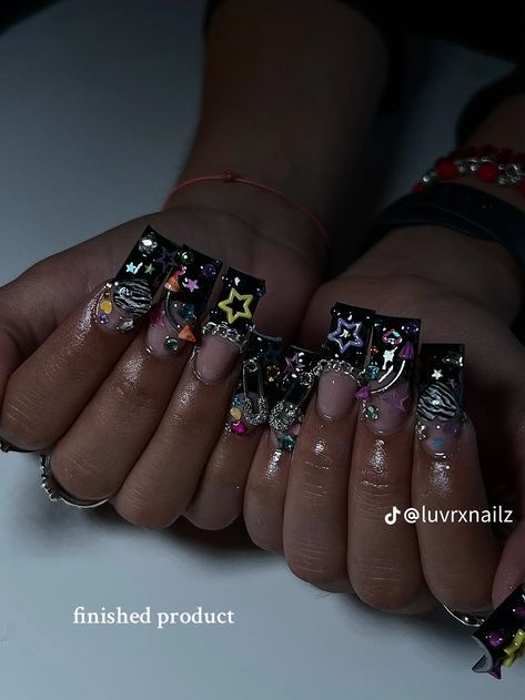 Black French Tip Junk Nails, Black And Colorful Nails, Long Junk Nails, Junk Nails Bling, Black Junk Nails, I Love Me Nails, Exotic Nail Designs, Rich Rich, Junk Nails