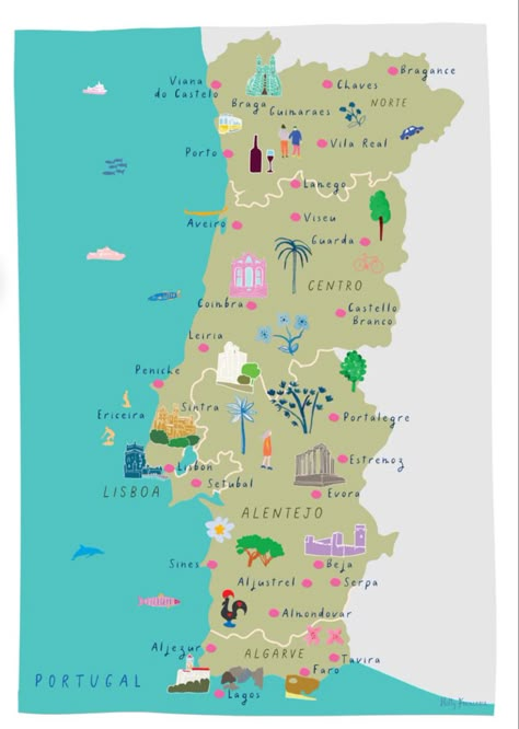 Venue Map Illustration, Portugal Travel Map, Portugal Map Illustration, Portugal Vision Board, Portugal Drawing, Portugal Illustration, Map Portugal, Map Of Portugal, North Portugal