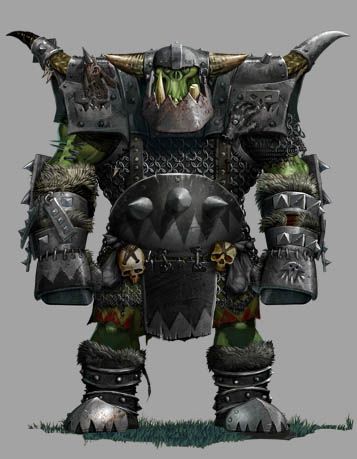 Black Orcs are the biggest and strongest of all Orcs, and get their name from their dour, grim demeanour as much as from the colour of their skin, which is extremely dark green or black. They are bigger and stronger than normal Orcs. They are more disciplined than other Orcs and have better equipment. Many of their fearsome weapons are captured in battle, and carried as a mark of their self-evident superiority, while others are paid in tribute by subjugated tribes. Black Orcs, Orc Armor, Ork Boyz, Warhammer Orks, Warhammer Online, Orks 40k, Warhammer Fantasy Roleplay, Heavy Metal Art, Blood Bowl