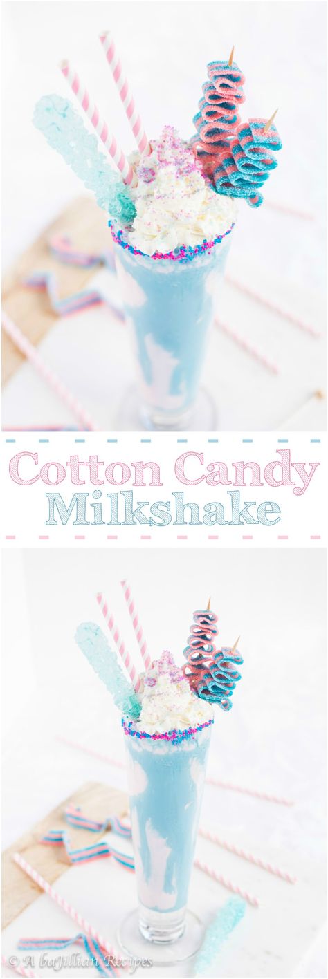 Cotton Candy Milkshake | A baJillian Recipes Cotton Candy Milkshake, Candy Milkshake, Cotton Candy Recipe, Candy Drinks, Raspberry Syrup, Milkshake Recipes, Milk Shakes, Vegetable Drinks, Snacks Für Party