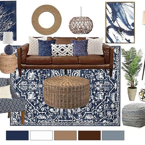 Who loves coastal decor? Indigo blue and brown along with the woven textures remind me of a rocky coast above the ocean #ilovecolor #homedecor #homeinspo #homestyle #interiorstyling #interiordecor #coastaldecor #beachvibes #bluedecor #beachdecor #interiordetails #indigo Brown Leather Couch Blue Rug, Navy And Brown Living Room, Brown And Blue Living Room Ideas, Blue And Brown Living Room, Pretty Living Room Ideas, Brown Couches, Traditional Hamptons, Centerville Ohio, Brown And Blue Living Room