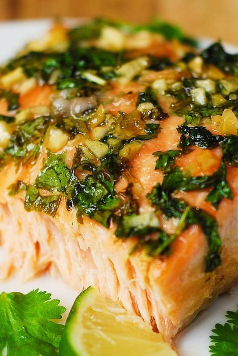 Cilantro-Lime Honey Garlic Salmon Honey Garlic Salmon Baked, Cilantro Lime Salmon, Salmon Baked, Honey Garlic Salmon, Lime Salmon, Garlic Salmon, Baked Salmon Recipes, Salmon Dishes, Fish Dinner