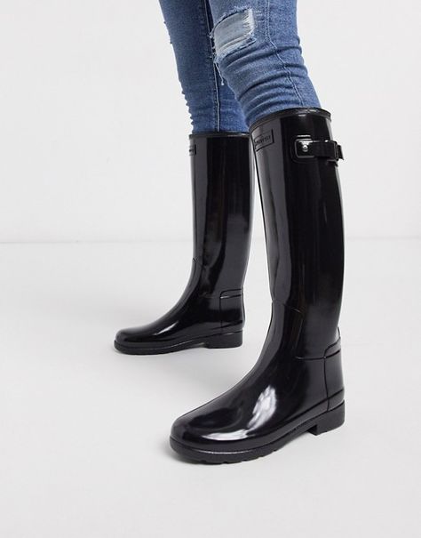 Hunter original refined black gloss tall wellington boots | ASOS Vegan Wellington, Hunter Refined, Pointed Ballet Flats, Hunter Wellies, Luxury Boots, Wellington Boot, Black Gloss, Trending Boots, Wellington Boots