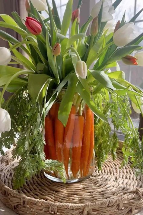 Carrot and Tulip Centerpiece Easter Arrangements Centerpieces, Easter Dining Table Decor, Tulip Arrangements, Spring Flower Arrangements Centerpieces, Easter Dining Table, Carrot Craft, Tulip Centerpiece, Plant Centerpieces, Cindy Hattersley