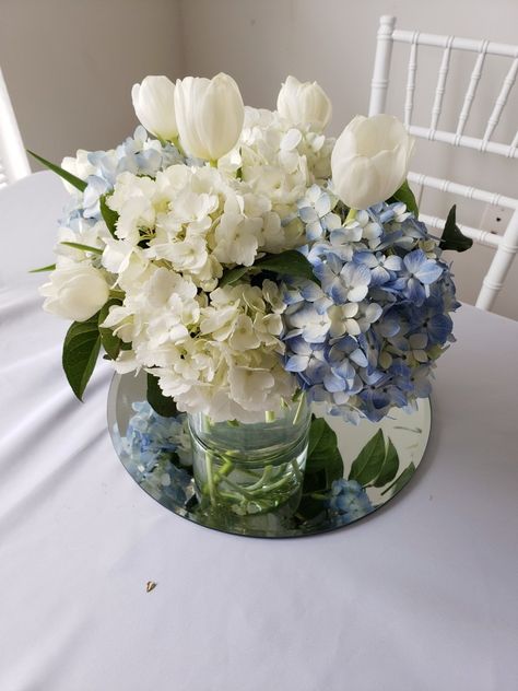 White Tulips And Blue Hydrangea, Centerpieces Wedding Hydrangea, Tulip Hydrangea Bouquet, Hydrangea Tulip Arrangement, Hydrangea And Tulip Centerpiece, Tulips And Hydrangeas Arrangements, Tulip And Hydrangea Arrangements, Blue Flower Arrangements Table, Hydrangea And Tulip Bouquet