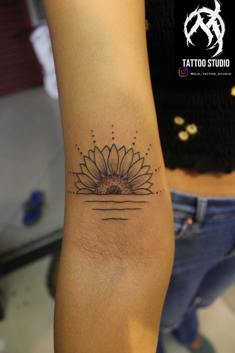 Sunflower Tattoo Inside Arm, Sunflower Tattoo Above Elbow, Sunflower Sun Tattoo Design, Half Sunflower Tattoo Design, Sun With Name Tattoo, Sunshine And Sunflower Tattoo, Half Sunflower Half Sun Tattoo, Half Sun Half Flower Tattoo, Sunshine Sunflower Tattoo