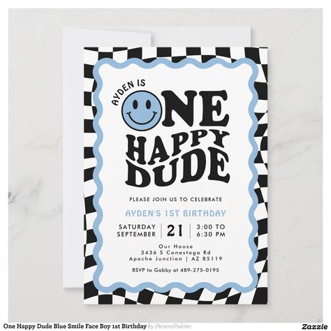 One Happy Dude Blue Smile Face Boy 1st Birthday Invitation | Zazzle One Cool Dude Birthday Theme, One Happy Dude First Birthday Invitation, One Happy Dude First Birthday Blue, One Happy Dude Blue, Boy First Birthday Party Themes, Owen Gray, Dude Birthday, Blue Smile, One Happy Dude