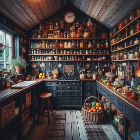 Home Professional Kitchen, Witches Kitchen Inspiration, Rustic House Aesthetic, Cozy Rustic Kitchen, Shelf Kitchen Design, Modern Apothecary Kitchen, Country Tiny House, Hobbit Kitchen, Rustic Tiny Home