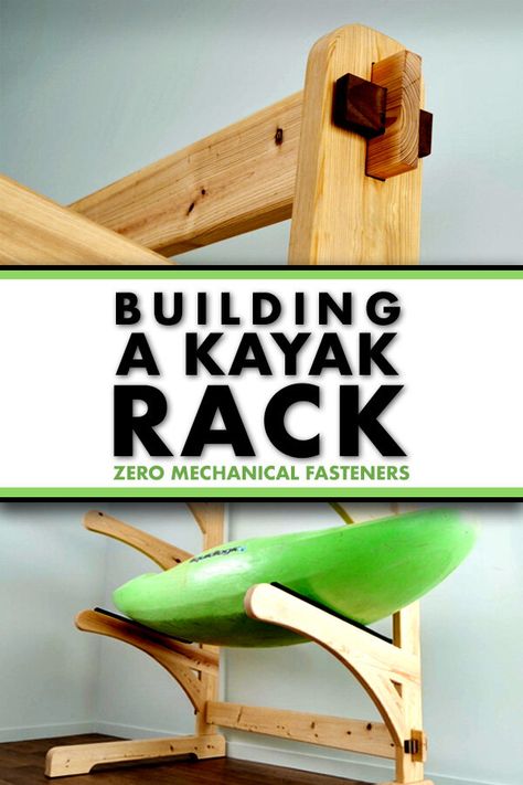 Learn how to build a DIY wooden kayak storage rack from scratch! This kayak rack features amazing timber frame inspired joinery and will easily provide storage for four kayaks or canoes. This project is also a great woodworking skill builder. Kayak Rack Diy Wood, Diy Kayak Storage Rack, Kayak Rack Diy, Diy Kayak Storage, Paddle Board Storage, Canoe Storage, Canoe Rack, Dock Ideas, Kayak Roof Rack