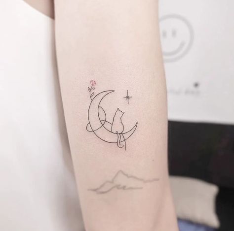 Small Tattoo Cat Ideas, Cat Small Tattoo Ideas, Two Cats On A Moon Tattoo, Cat In A Moon Tattoo, Cat Tattoo With Moon, Cat And Moon Tattoo Simple, Cat Symbol Tattoo, Cat And Rose Tattoo, Geometric Cat Tattoo Designs