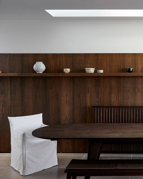 HERITAGE TRANSFORMATION | Paddington Residence by Hecker Guthrie⁠ ⁠ Melbourne-based interior design studio Hecker Guthrie has reimagined the interiors of a historic townhouse in Sydney’s inner suburbs, skilfully integrating its Victorian-era charm into the new design.⁠ ⁠ In an interview with design writer Karen McCartney for our podcast series This Much I Know, Hecker Guthrie co-founder Paul Hecker shared, “I don’t want to create sterile homes; I want to create homes that have warmth and char... Wood Panel Half Wall, Panel Half Wall, Simple Media Wall, Wall Wood Paneling Ideas, Historic Townhouse, Hecker Guthrie, Bar Inspiration, Media Wall, Wall Finishes