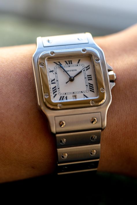 Cartier Santos Watch Woman, Cartier Santos Watch, Cartier Vintage, Cartier Santos, Rounded Square, Fancy Jewellery, Square Watch, Wristwatch Men, Roman Numerals