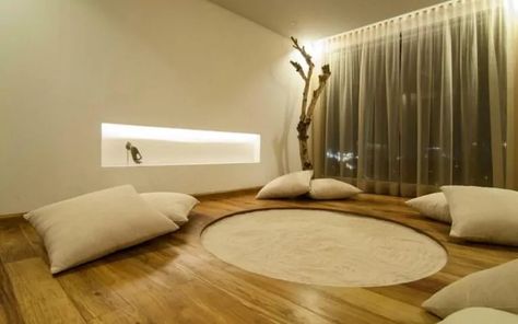 50 Meditation Room Design Ideas: Find Serenity at Home Meditation Room Design, Simple Meditation, Narrow Shelves, Meditation Rooms, Architecture Bathroom, Room Design Ideas, Meditation Space, Extra Rooms, Large Pillows